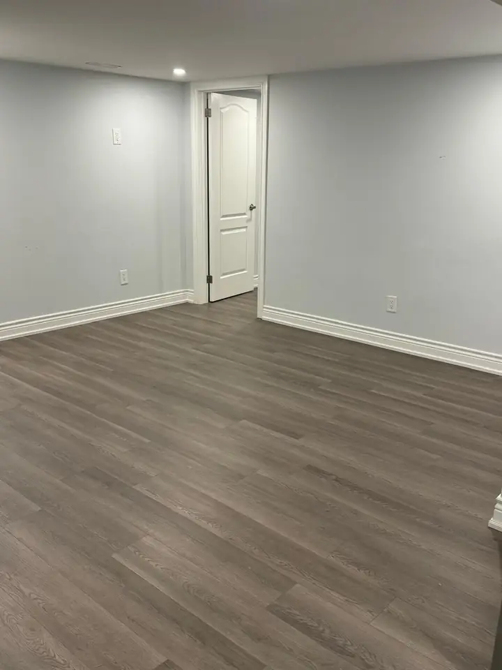 Finished basement with hardwood floors