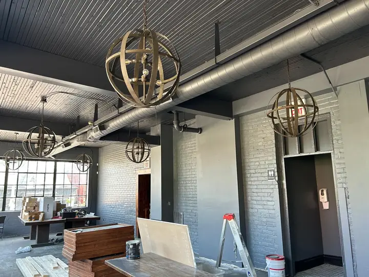 Large space with hanging lights