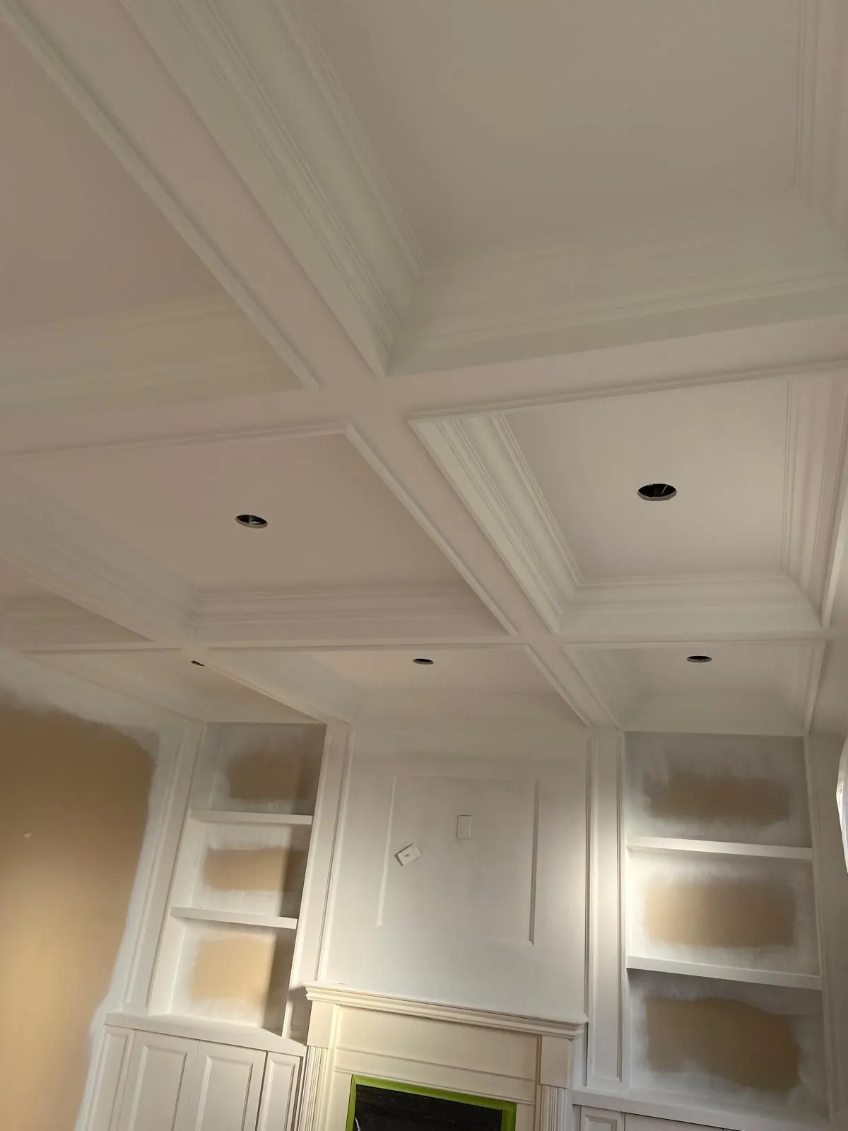 Coffered living room with built-ins, refinished by EcoHarmony